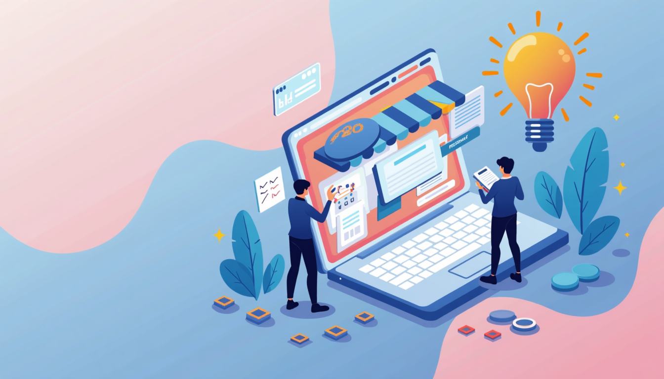 O reprezentare grafică a procesului de creare site magazin online, cu elemente digitale și de afaceri, simbolizând succesul