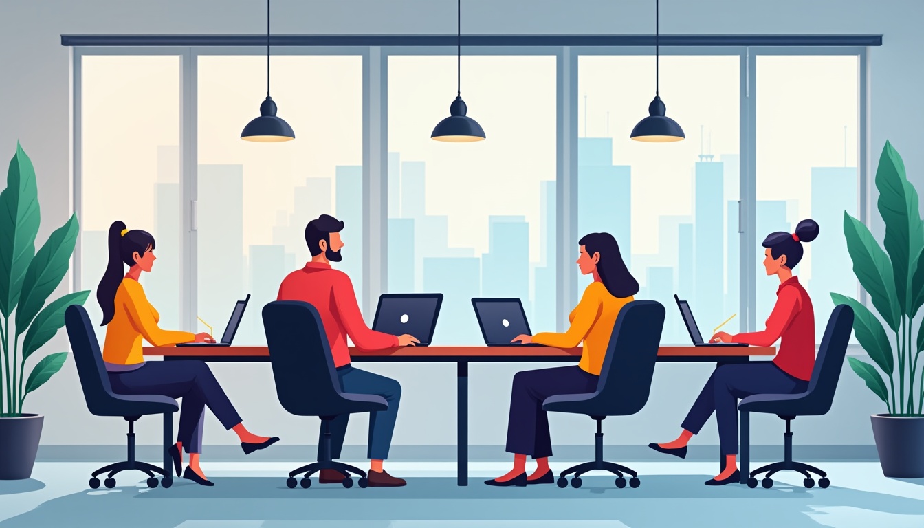 Imagine care ilustrează o echipă dintr-o agentie web din București lucrând la un proiect digital, cu grafice și simboluri