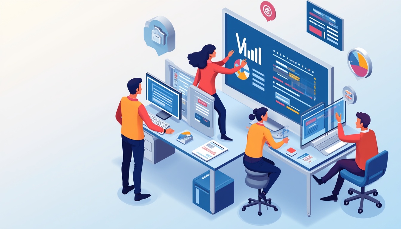 O echipă de la o **firma creare site** web lucrează la un proiect digital, simbolizând expertiza în **creare site**-uri web