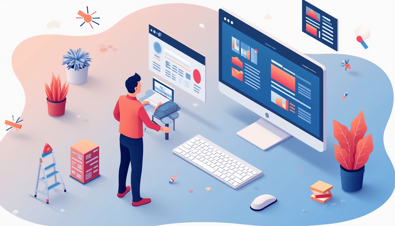 Ilustrație concept web design site de prezentare cu elemente moderne și interfață utilizator